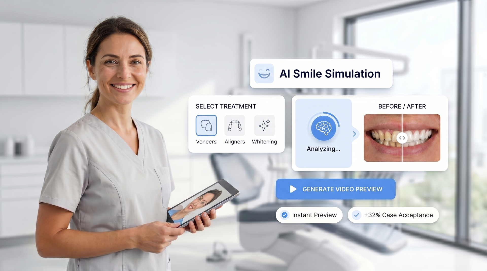 Dentist using Dental Vision AI smile simulation on a tablet chairside